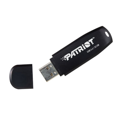 Black USB flash drive with 'Patriot' branding on a white background