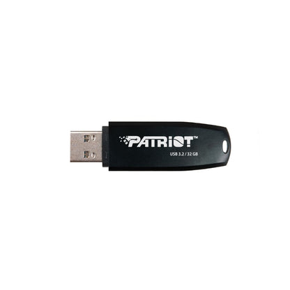 Black USB flash drive with Patriot logo on a white background