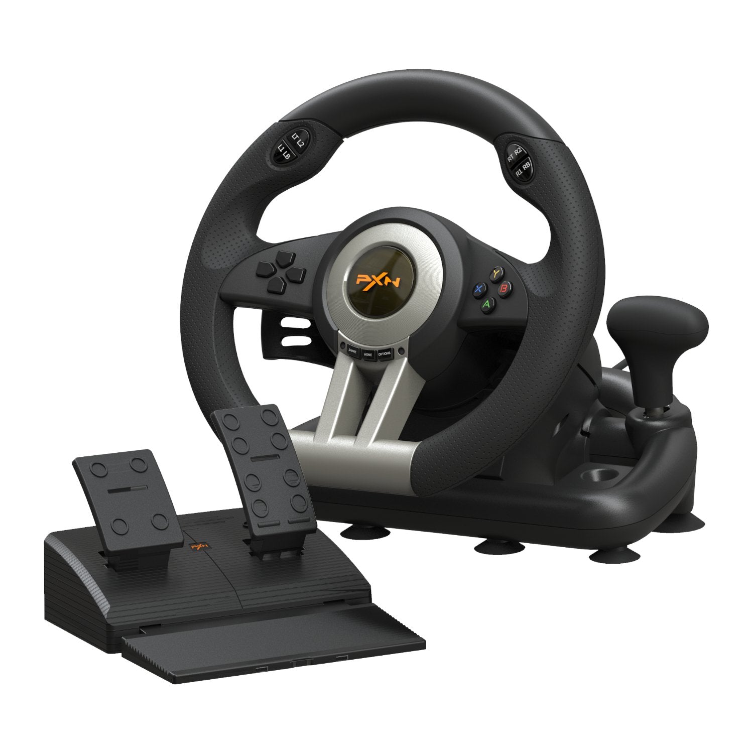 Black PXN gaming steering wheel and pedals set on a white background