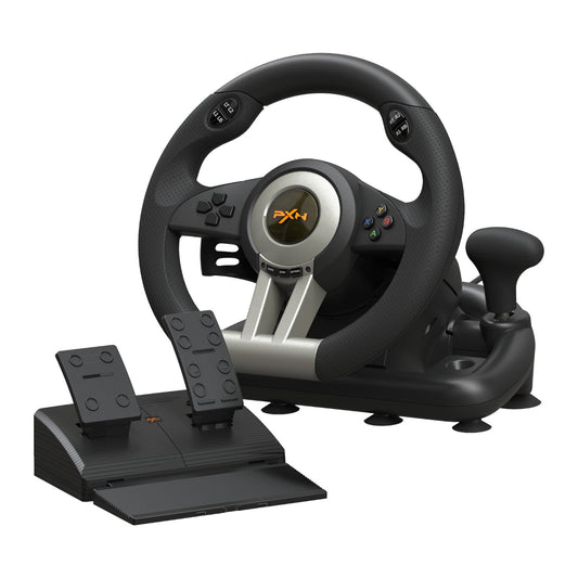 Black PXN gaming steering wheel and pedals set on a white background