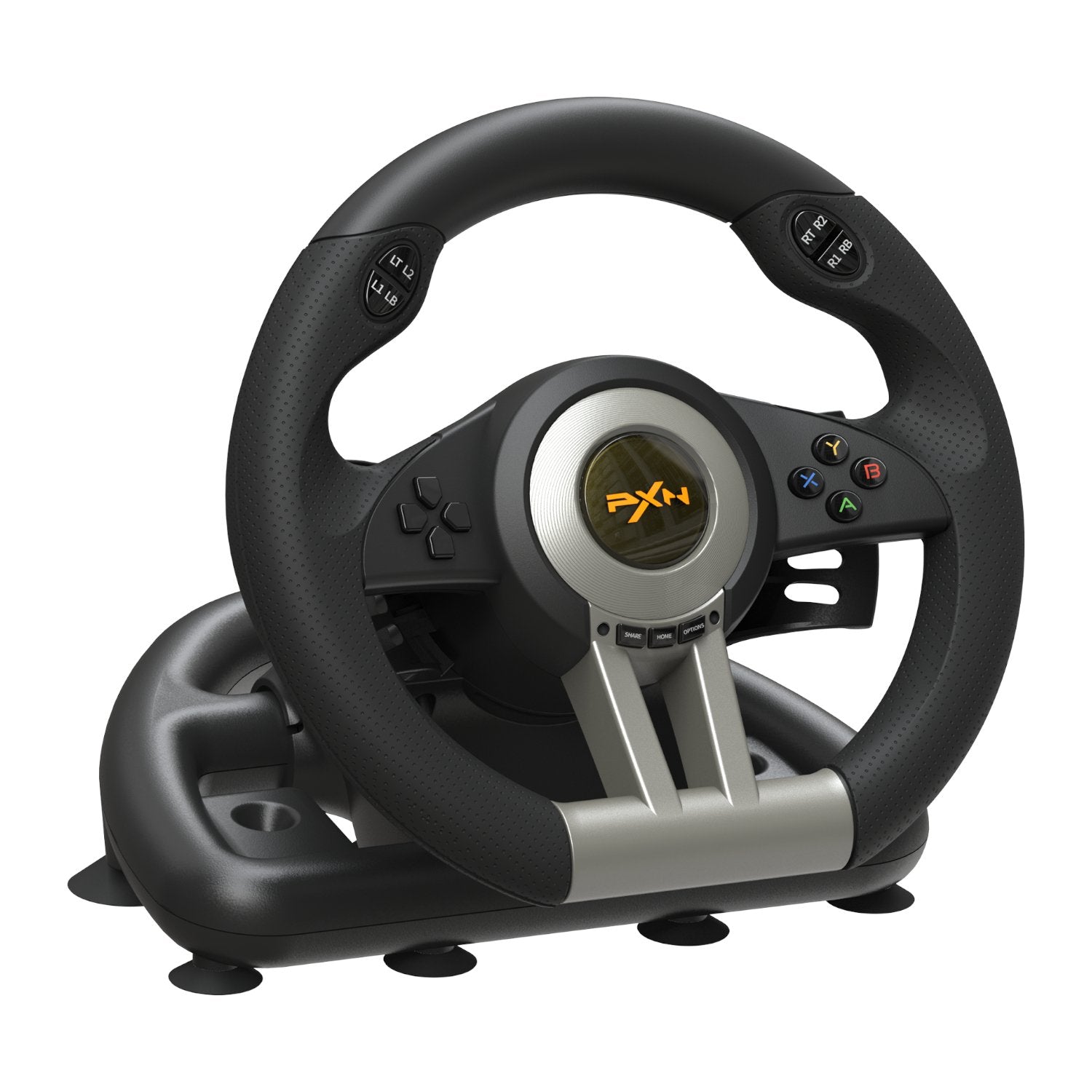 Black and silver gaming steering wheel with PXN logo on a white background