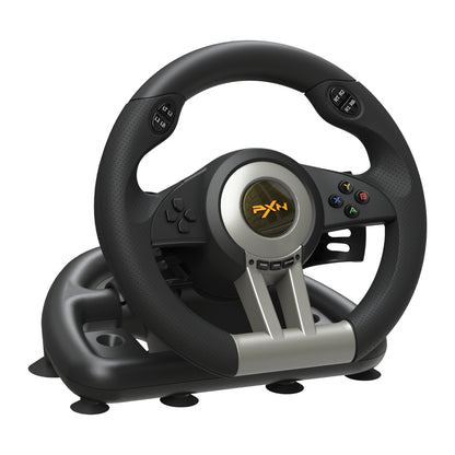 Black and silver gaming steering wheel with PXN logo on a white background
