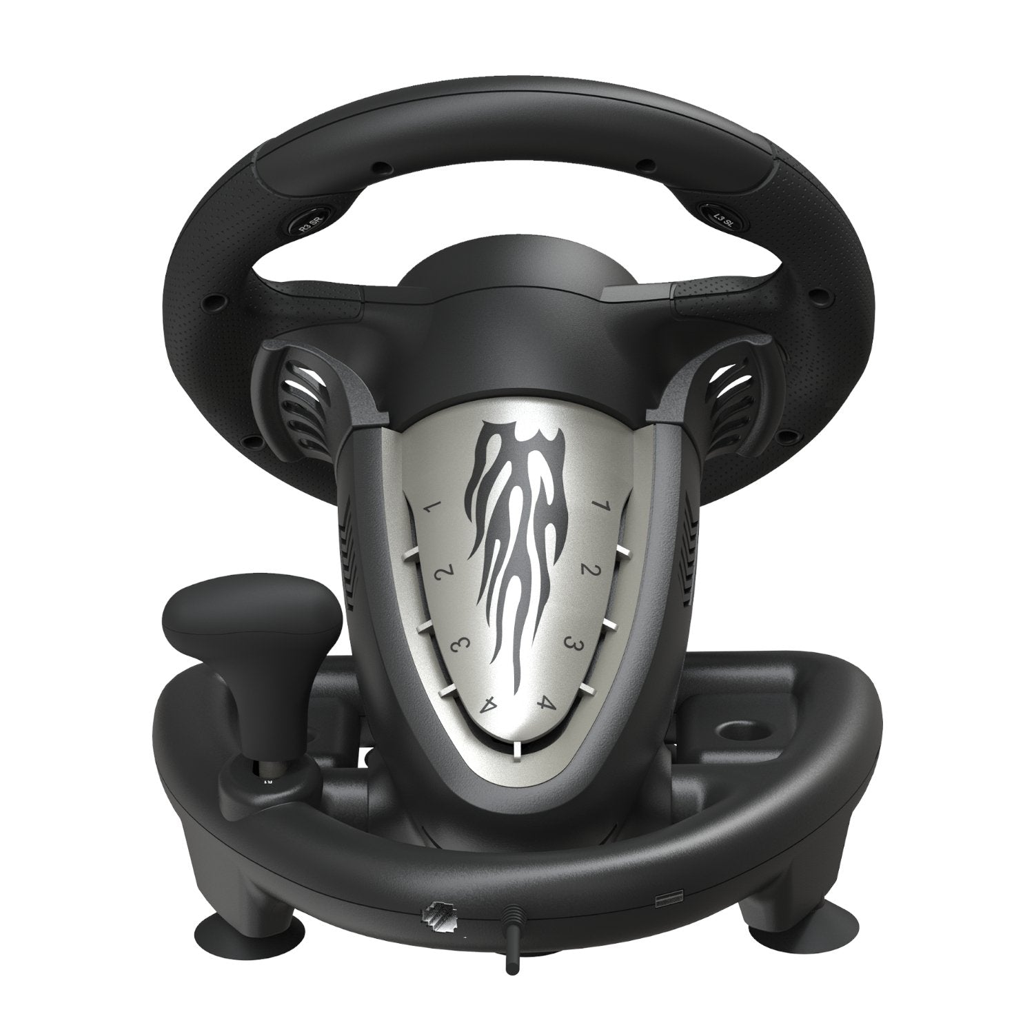 Black steering wheel with a silver center on a white background