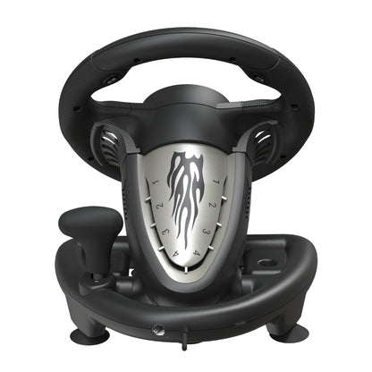 Black steering wheel with a silver center on a white background