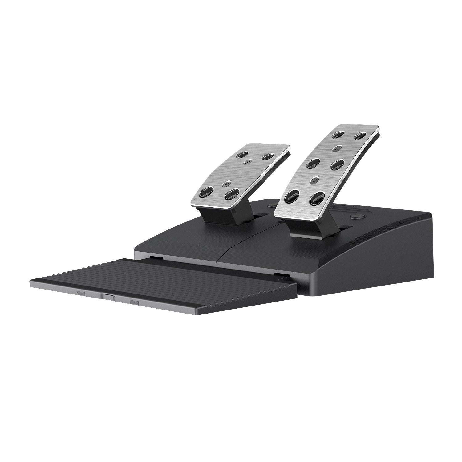 Black steering wheel and pedals set on a white background
