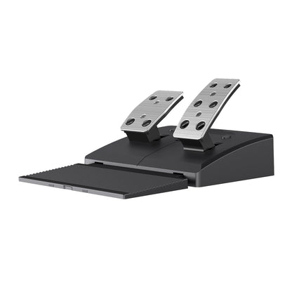 Black steering wheel and pedals set on a white background