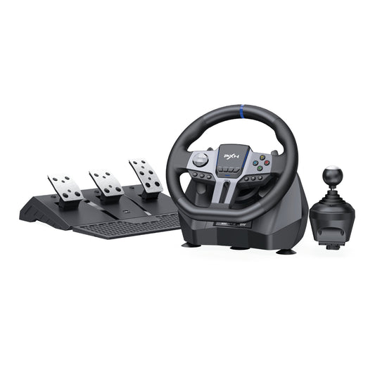 PXN V9 gaming steering wheel and pedals set on a white background