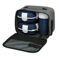 A lunch kit consisting of two stainless steel containers and an insulated bottle, all in a matching navy color, with a vacuum release knob on the lid of each container.