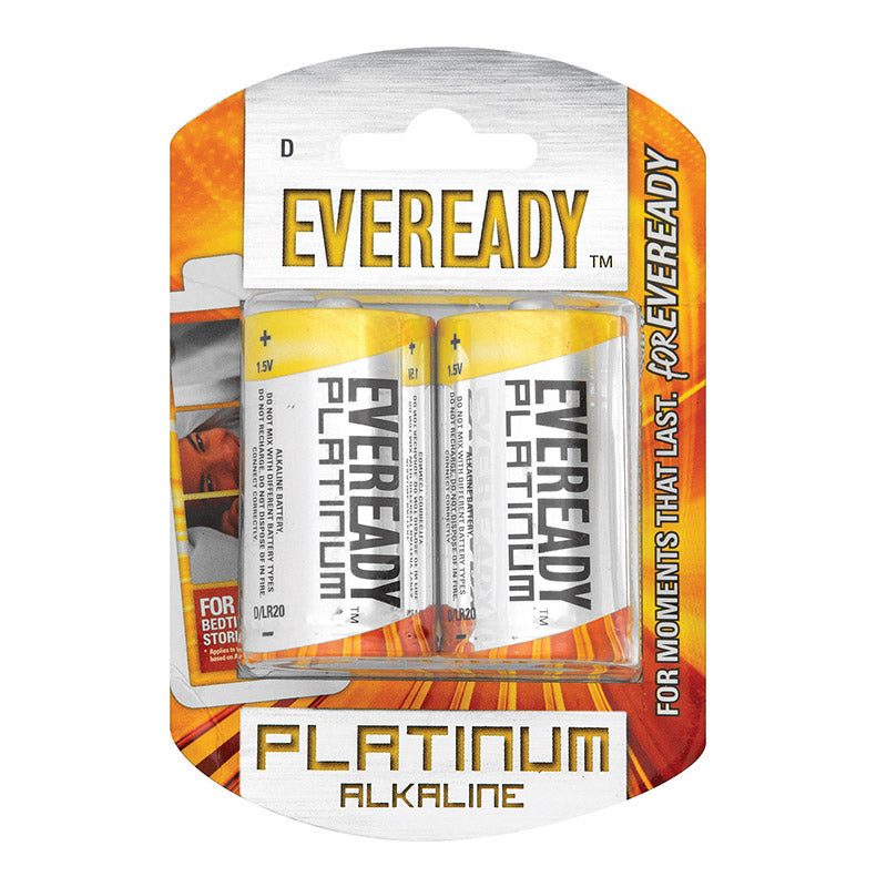 A pack of Eveready Platinum Alkaline D-size batteries, with branding and product information displayed on the packaging.