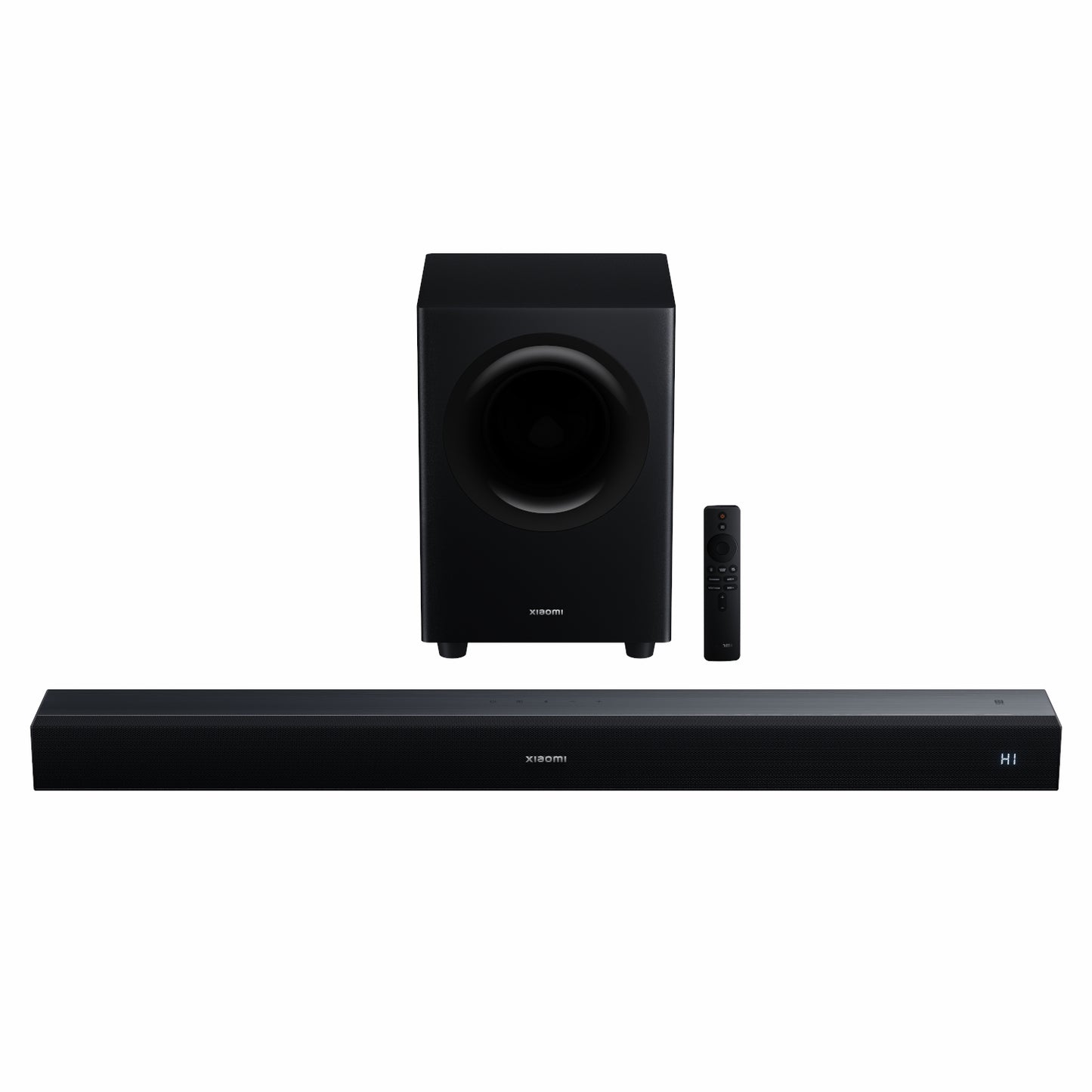 Black soundbar with subwoofer and remote on a white background
