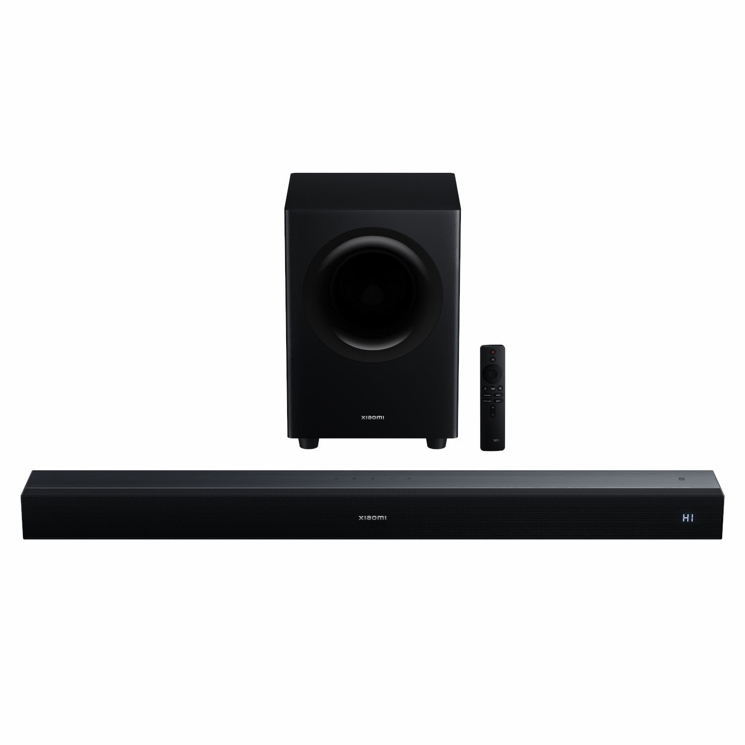 Black soundbar with subwoofer and remote on a white background