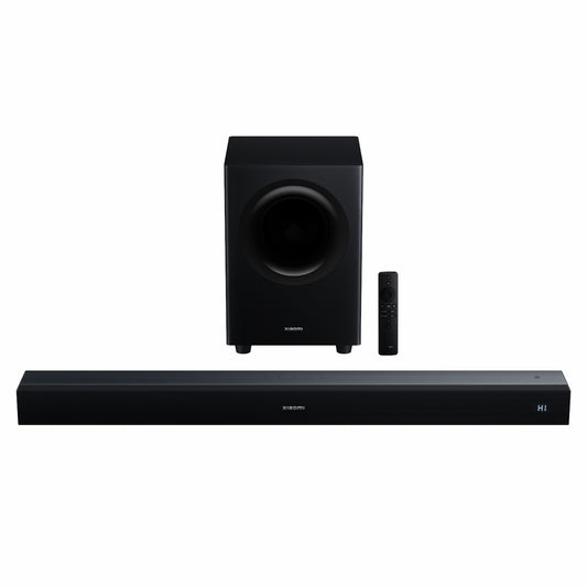 Black soundbar with subwoofer and remote on a white background