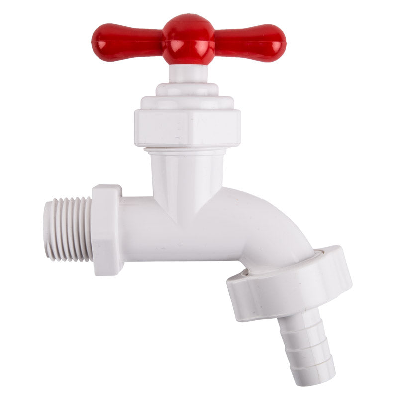 White faucet with a red handle on a white background
