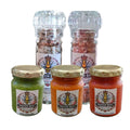 A set of five Queen Bee Chilli Creations products, including bottles of salt and hot sauce in various flavors, displayed against a white background.