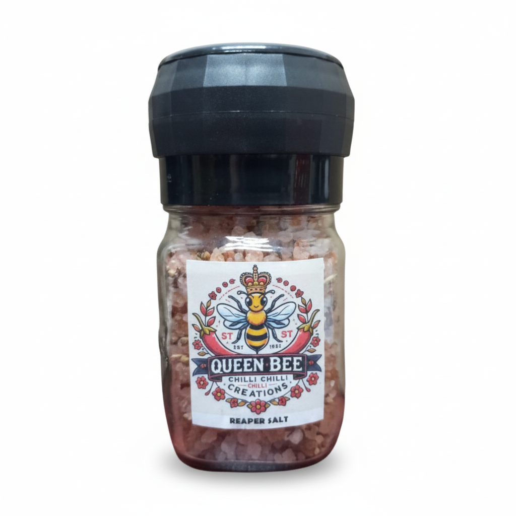Jar of Queen Bee Chilli Creations Reaper Salt 250ml with black lid on a white background