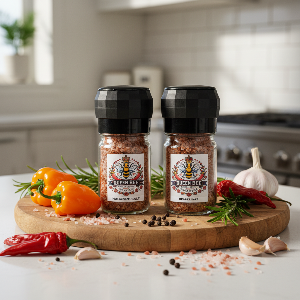 Two jars of Queen Bee Habanero & Reaper Salt on a wooden cutting board with peppers and garlic in a kitchen setting.