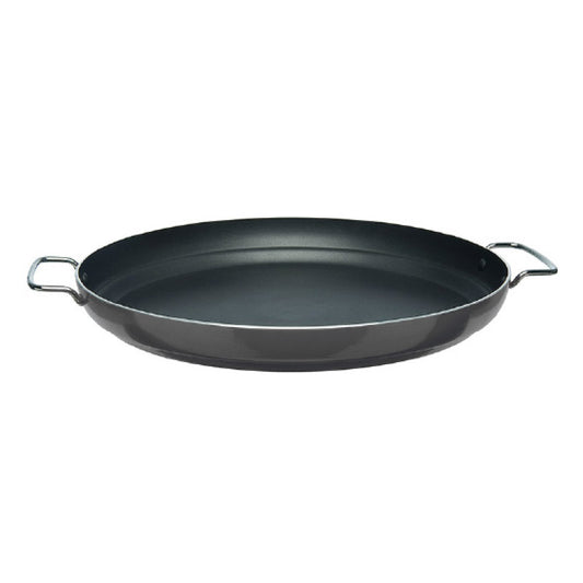 A round, lightweight but thick aluminium non-stick coated paella pan with stainless steel handles.