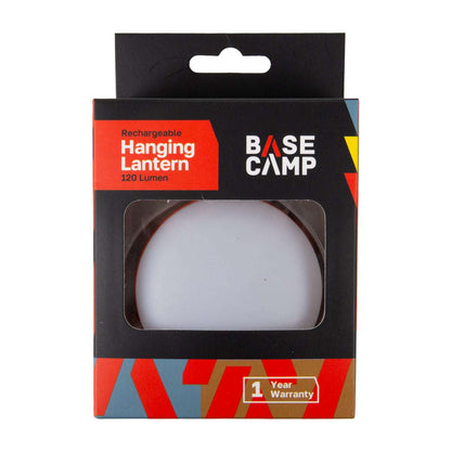 Base Camp rechargeable hanging lantern packaging with a clear window showing the product.