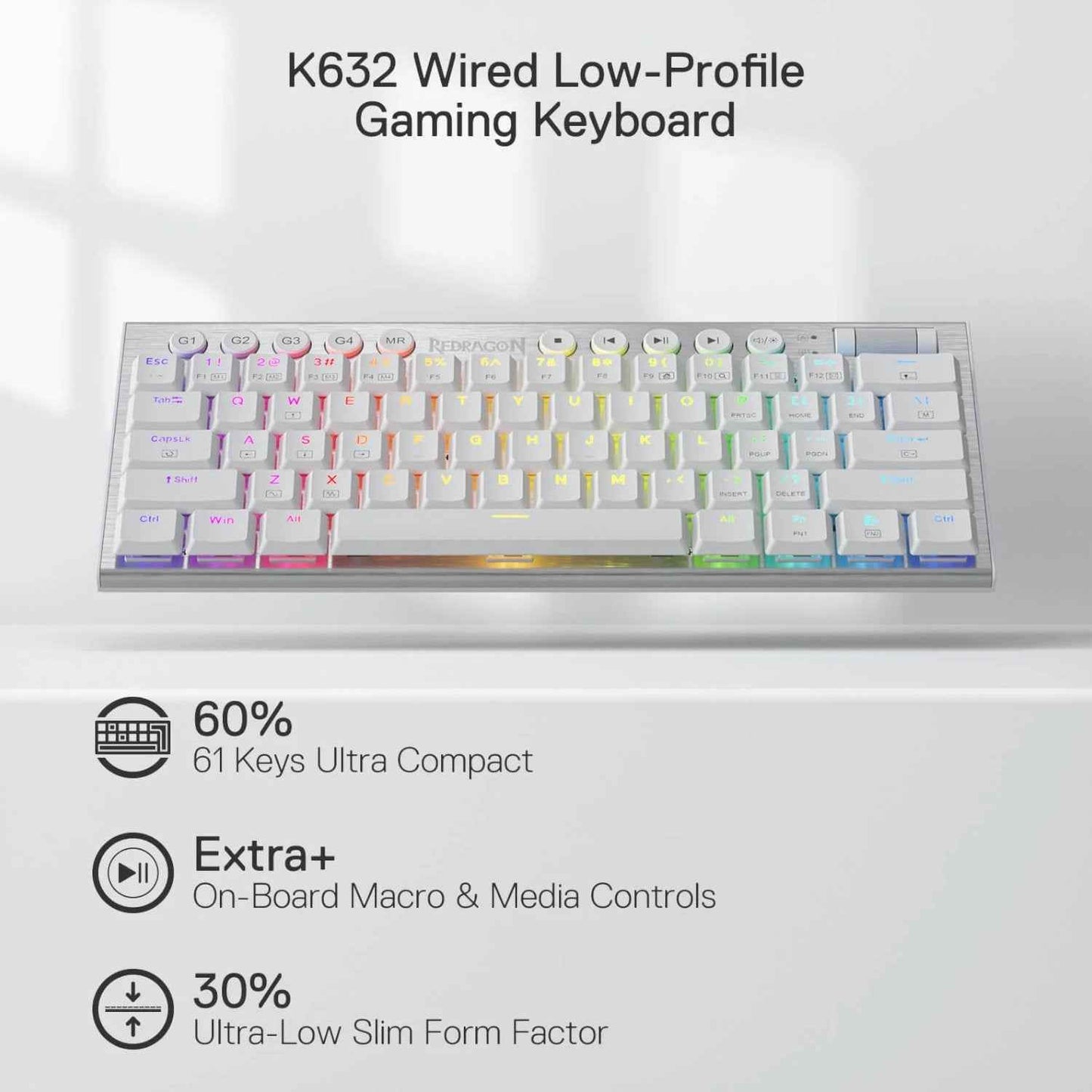 Redragon K632 HORUS Mini 60% RGB Wired Gaming Keyboard White