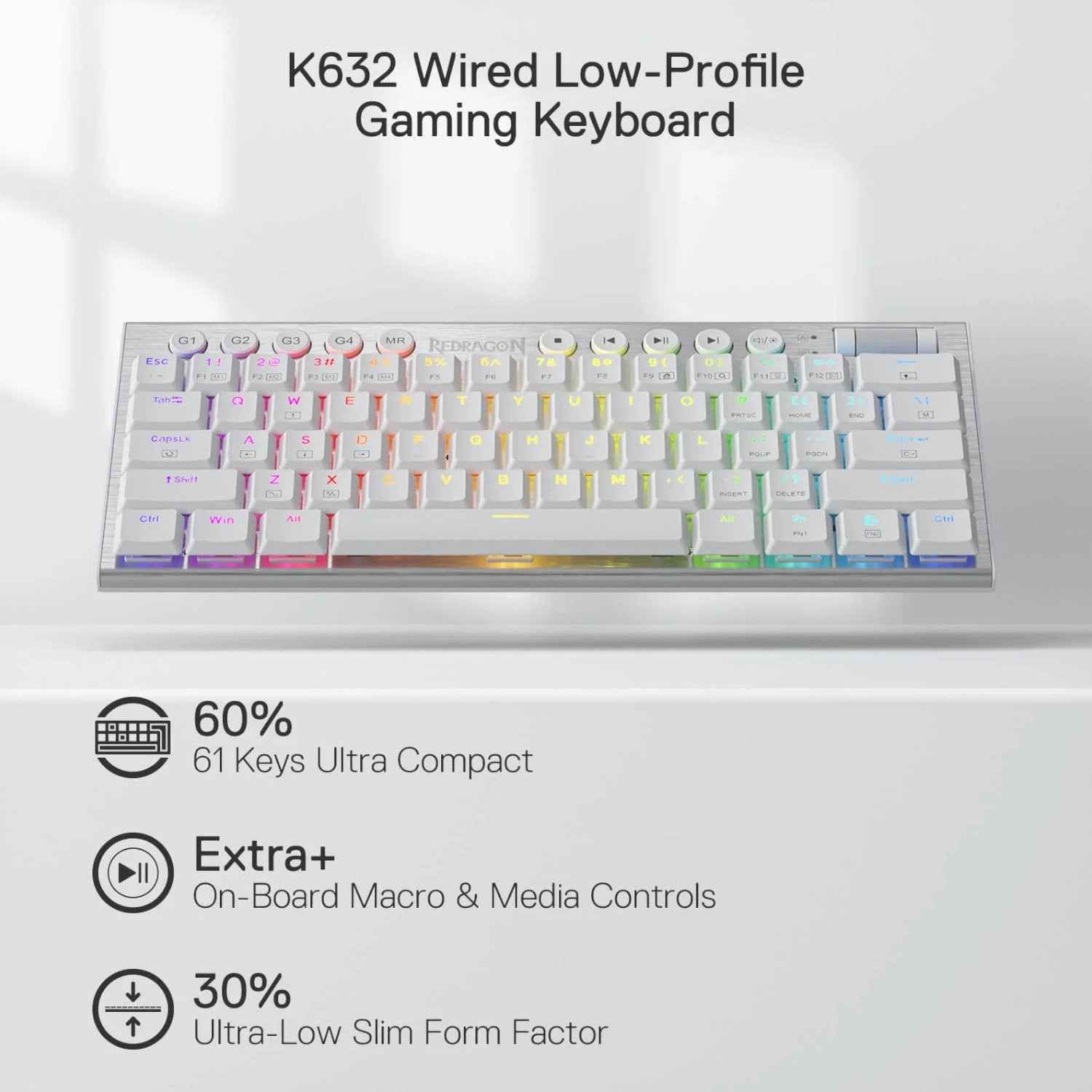 Redragon K632 HORUS Mini 60% RGB Wired Gaming Keyboard White