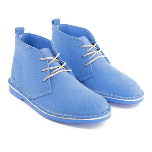 A pair of blue leather lace-up boots with a round toe and a low heel.