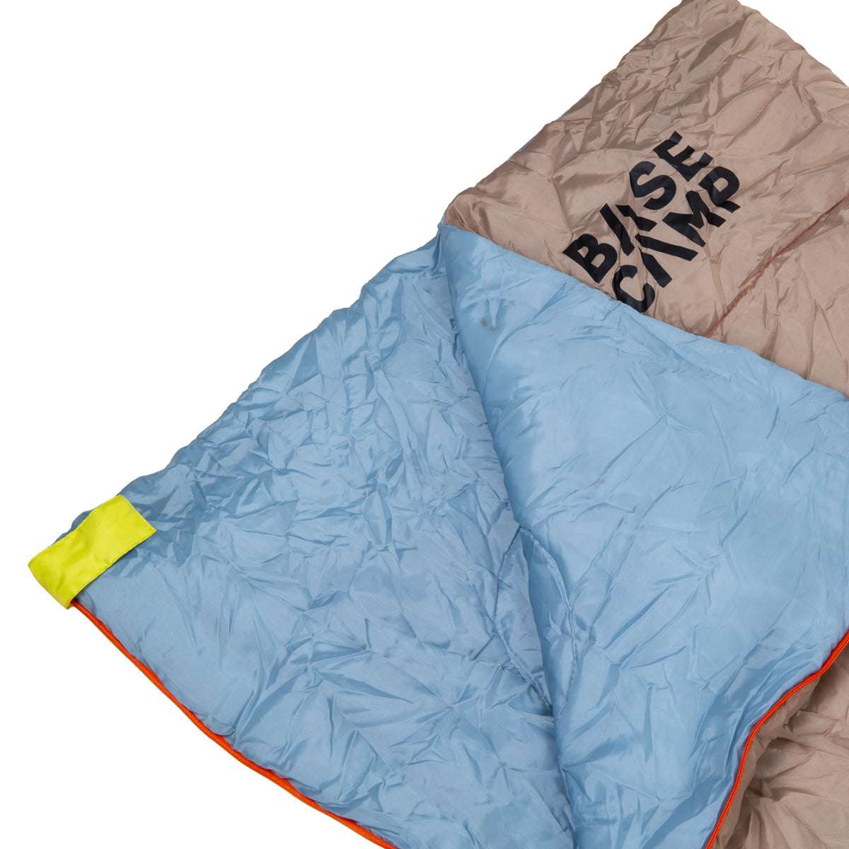 Blue and brown sleeping bag with 'Base Camp' branding on a white background