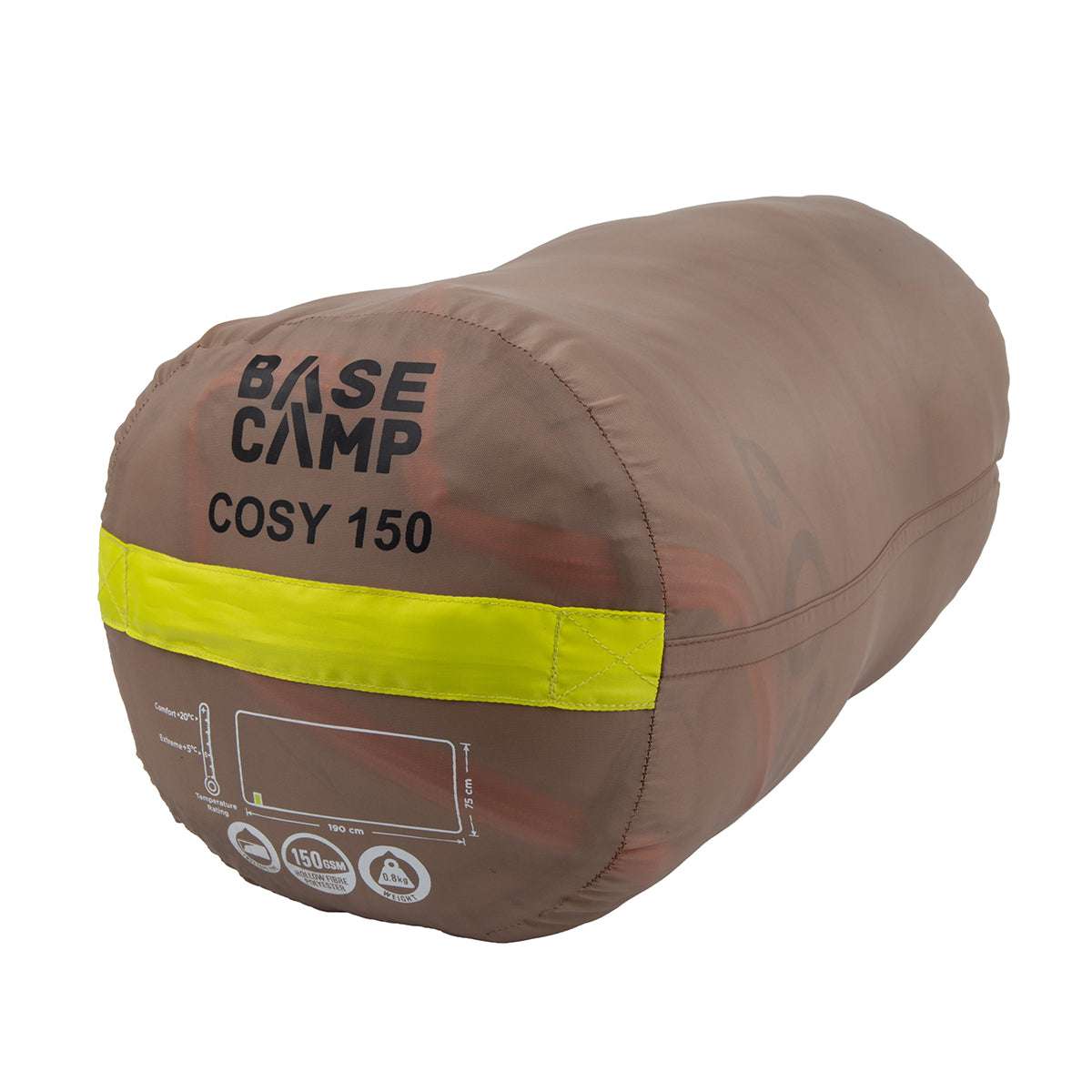 Roll-up sleeping bag with 'BASE CAMP' branding on a white background