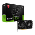 An MSI Nvidia GeForce RTX 4060 Ventus 2x graphics card with two cooling fans displayed in front of its packaging box.