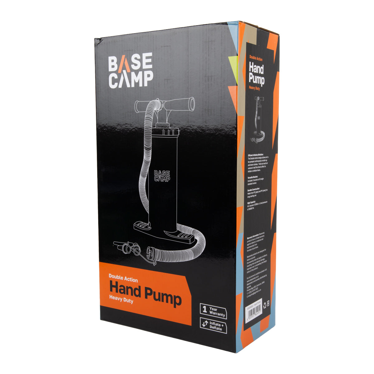 Base Camp double-action hand pump packaging on a white background