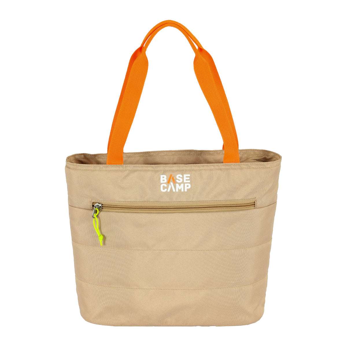Beige tote bag with orange handles and a visible 'Base Camp' logo on a white background