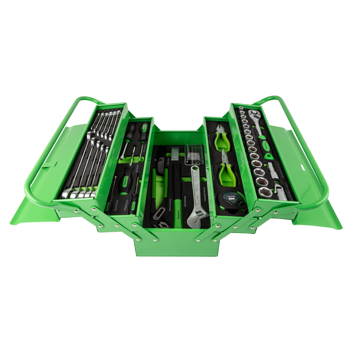 A green metal cantilever tool box with multiple compartments, filled with an organized arrangement of tools including spanners, sockets, screwdrivers, pliers, a tape measure, and a knife.