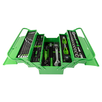 A green metal cantilever tool box with multiple compartments, filled with an organized arrangement of tools including spanners, sockets, screwdrivers, pliers, a tape measure, and a knife.