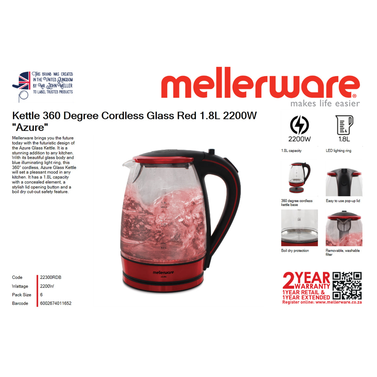 MELLERWARE KETTLE GLASS 1.8L 2200W 360D CORDL RED