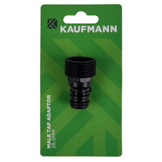 Kaufmann brand male tap adaptor with black color, packaged on a green and white card with the product visible at the top.