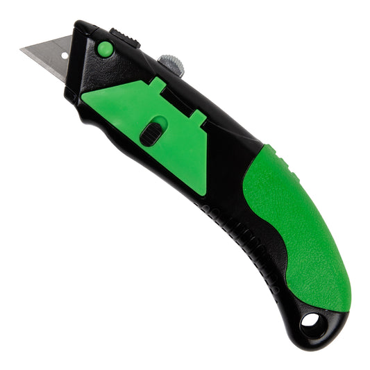 A utility knife with a black and green handle and a retractable blade.