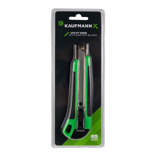 A Kaufmann X Snap-Off Utility Knife with a green and black color scheme, displayed in its packaging with snap-off blades.