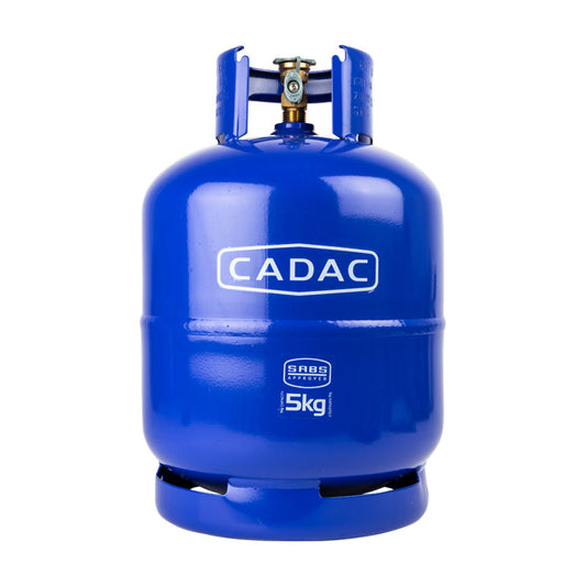 A blue Cadac gas cylinder with a 5kg label, featuring an external valve and a dust cover plug.