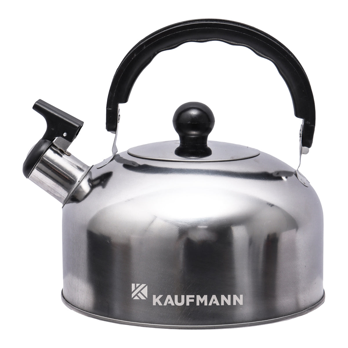 A silver Kaufmann stainless steel kettle with a black ergonomic handle and a whistle on top.