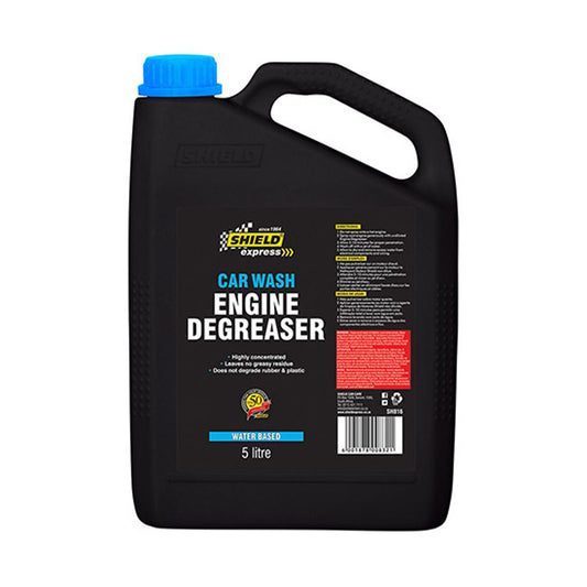 Black engine degreaser container with blue cap on a white background