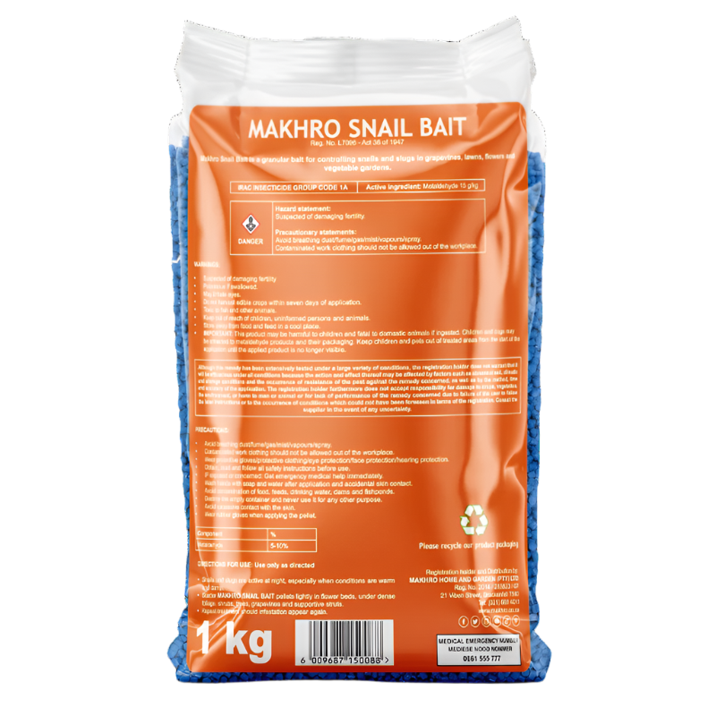 Makhro Snail Bait packaging with orange label on a white background