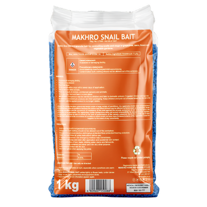 Makhro Snail Bait packaging with orange label on a white background