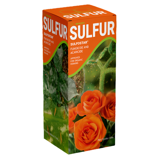 Box of Makhro Sulfostar fertilizer with green leaves and orange roses on a white background