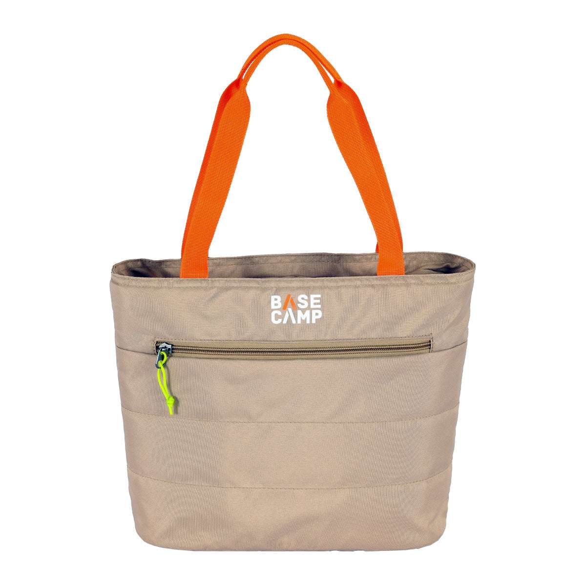 Beige tote bag with orange handles and a visible 'Base Camp' logo on a white background