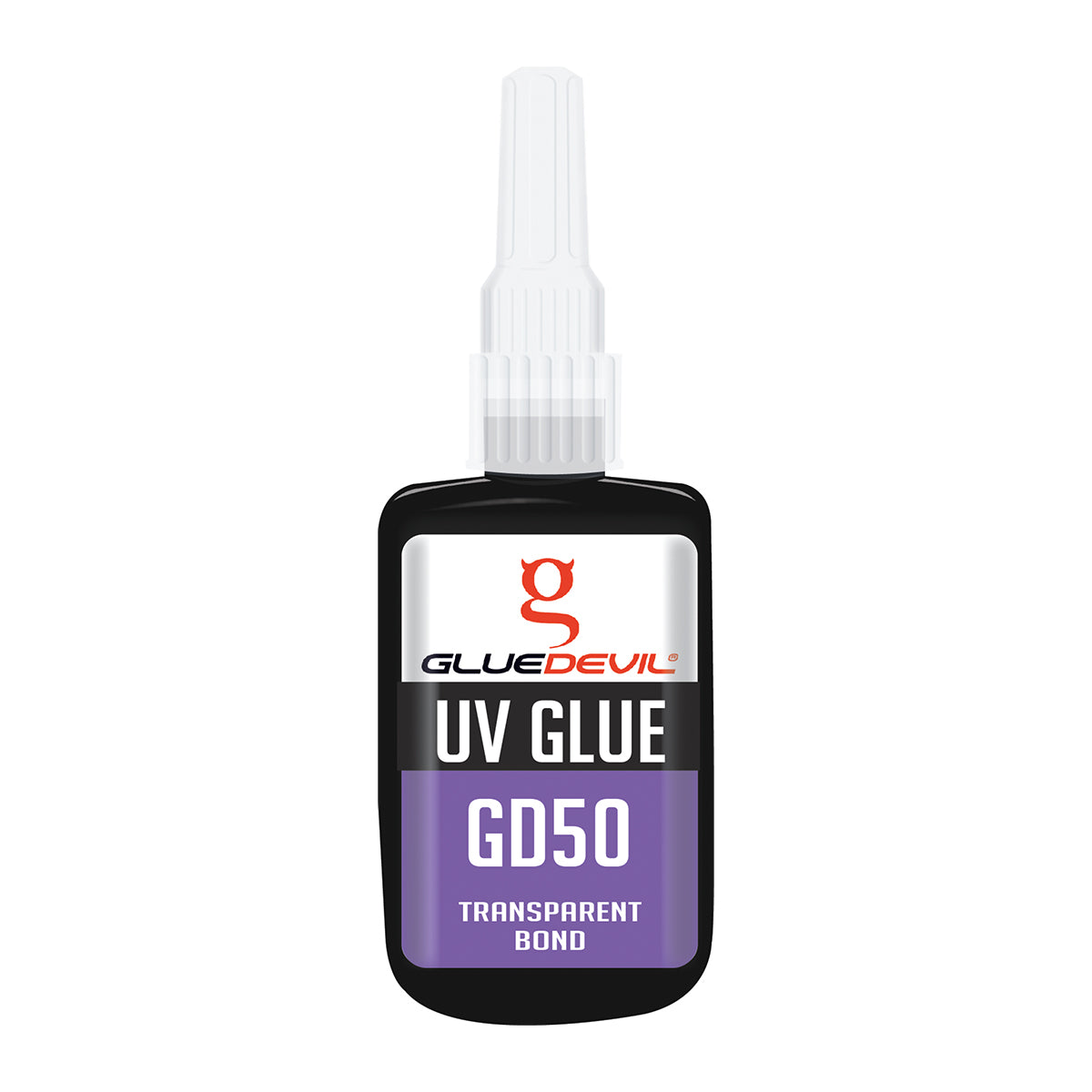 Glue Devil UV glue bottle on a white background