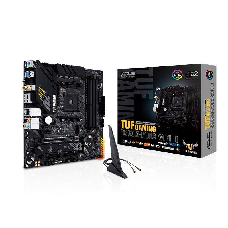 Asus TUF Gaming motherboard with packaging on a white background