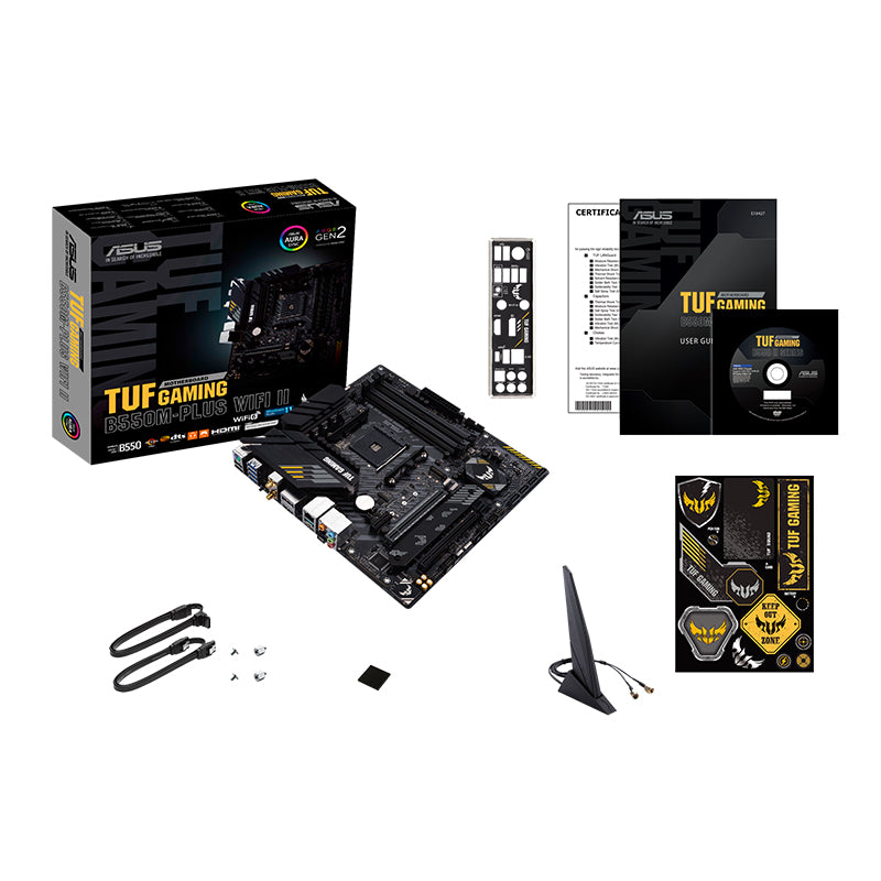 ASUS TUF Gaming motherboard with packaging and accessories on a white background