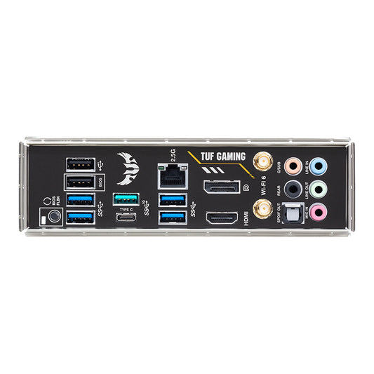Computer motherboard with various ports and connectors on a white background