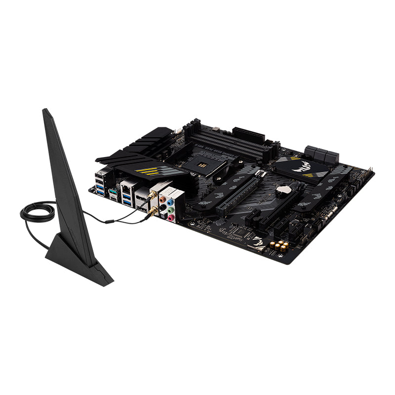 Computer motherboard with wireless antenna on a white background