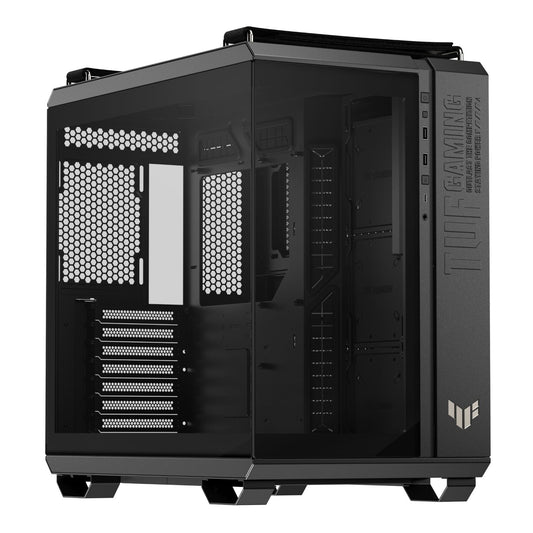 Black computer gaming case with hexagonal mesh design on a white background