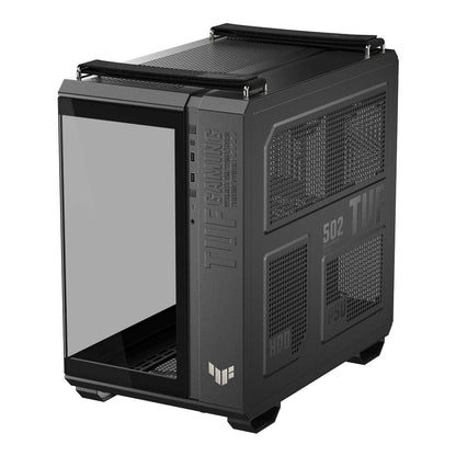Black computer case with glass side panel on a white background